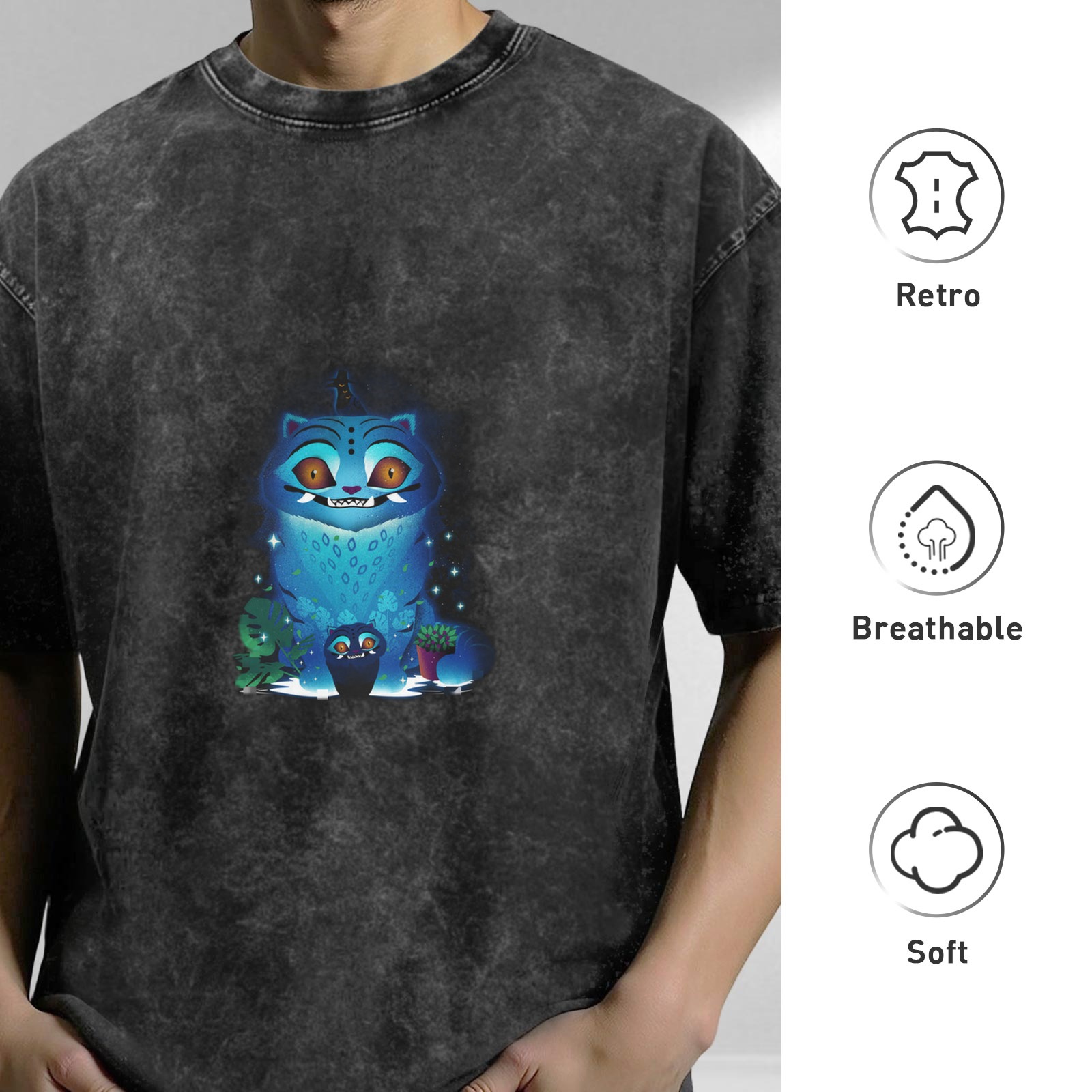 Distressed washed black loose short-sleeved T-shirt blue cat cartoon print trendy top