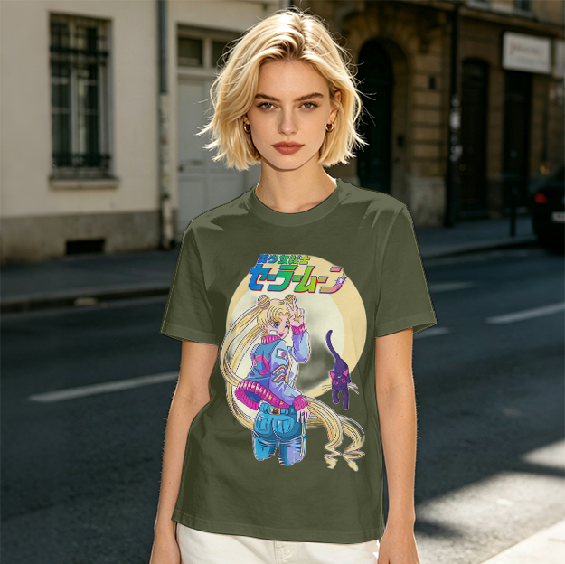 Olive anime graphic t-shirt featuring Usagi and Luna