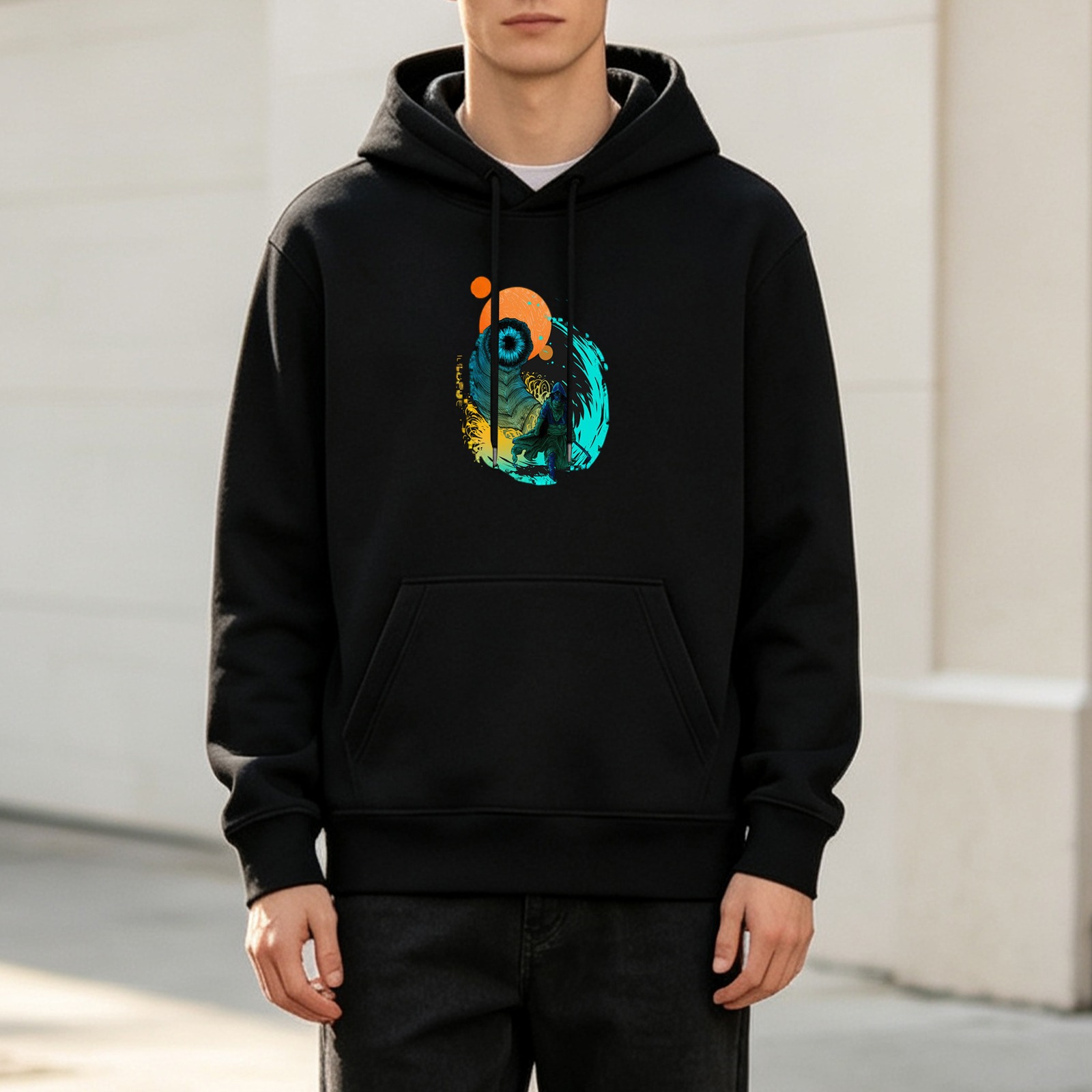 Black Hoodie With Abstract Eye And Celestial Graphic Print