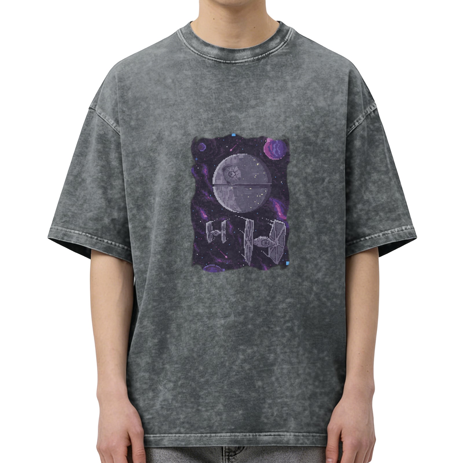Star Wars themed pixel wind Death Star TIE fighter print old washed black loose short-sleeved T-shirt