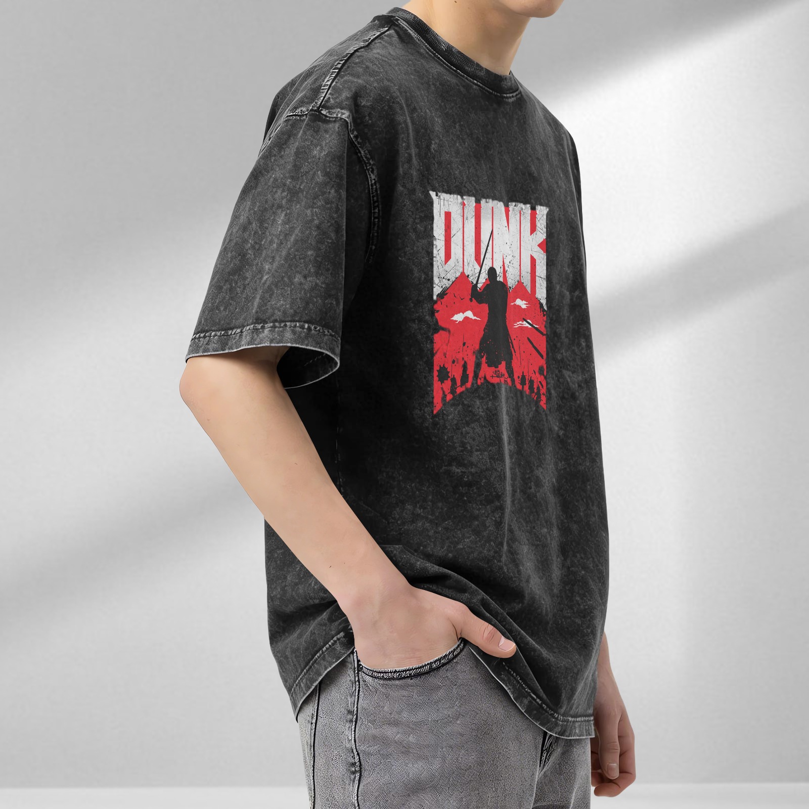 Oversized Dark Wash T-Shirt With Warrior Dunk Graphic Print