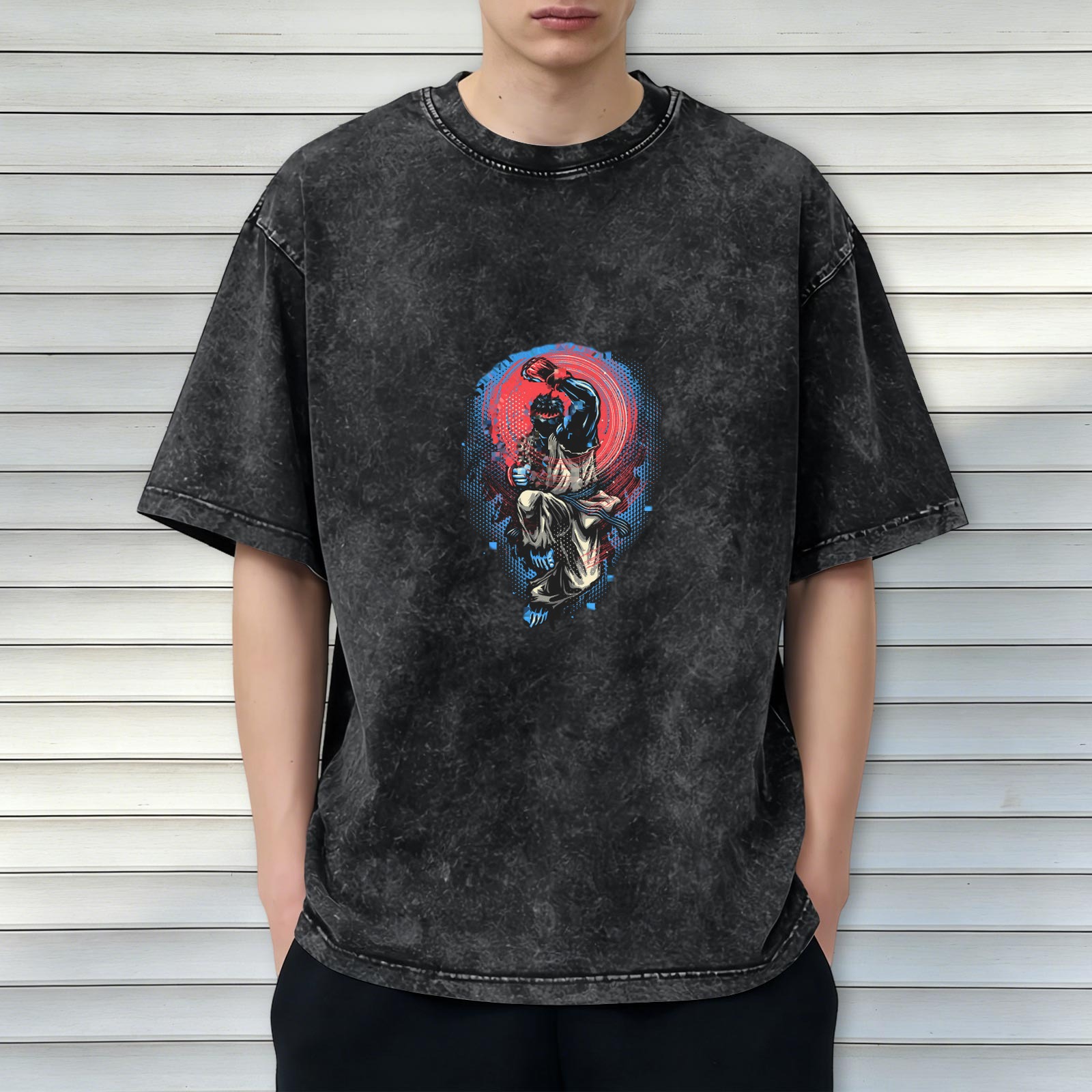 Oversized Acid Wash T-Shirt With Martial Artist Fighter Graphic