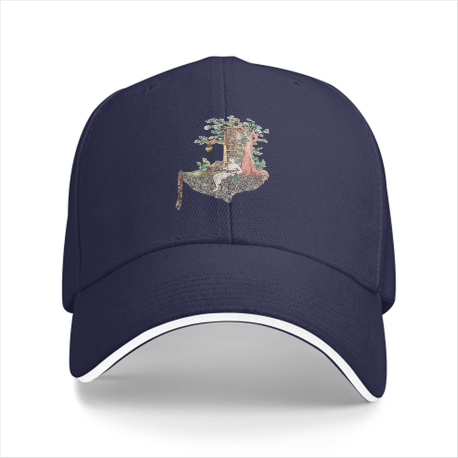 Black Baseball Cap With Whimsical Floating Island Treehouse Art