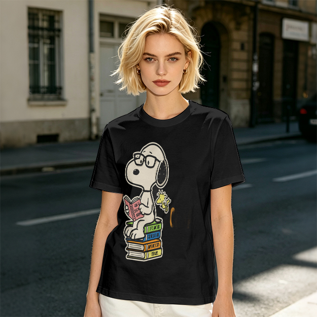 Olive T-shirt with Snoopy reading on stack of books