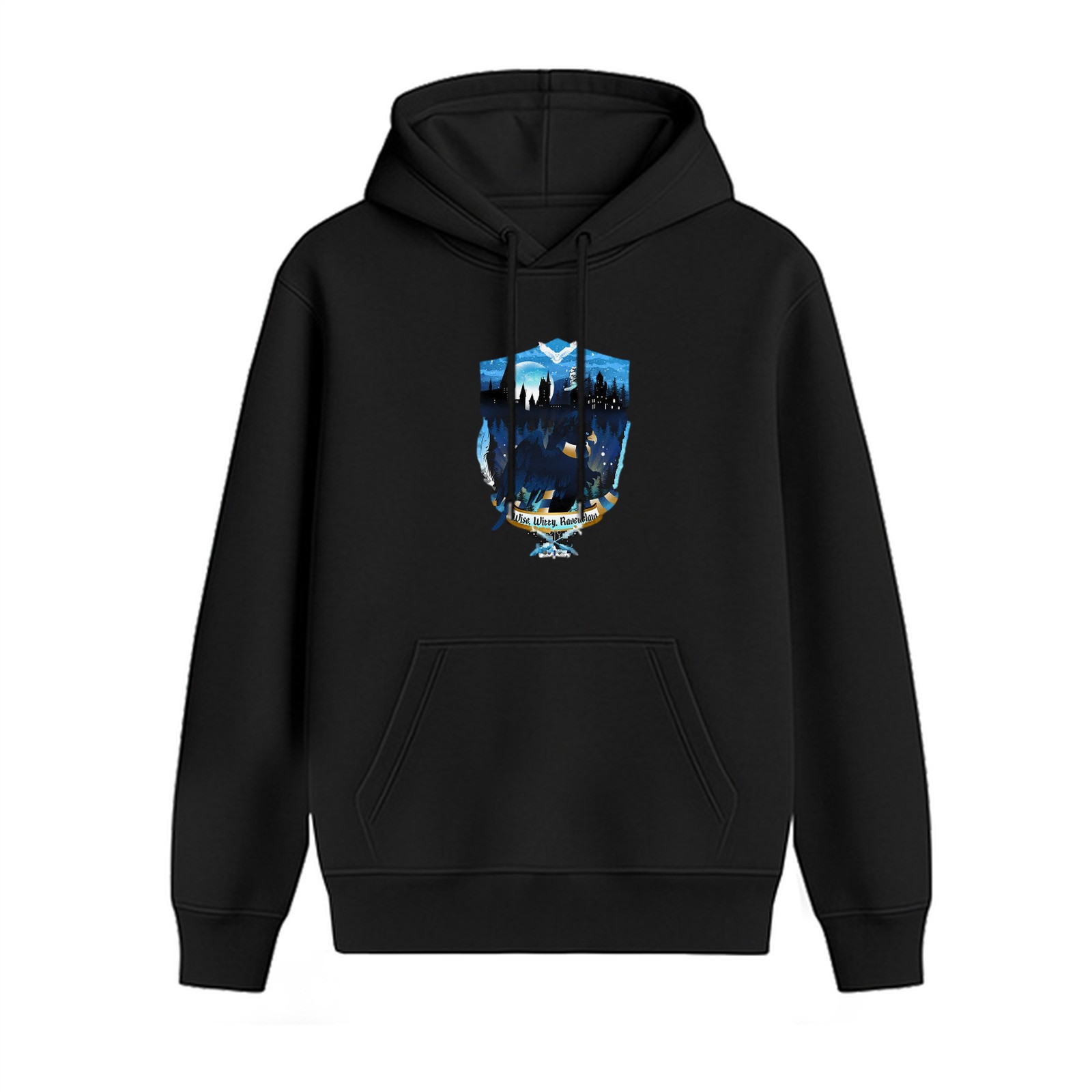 Black Hoodie With Night Forest Crest Graphic Print