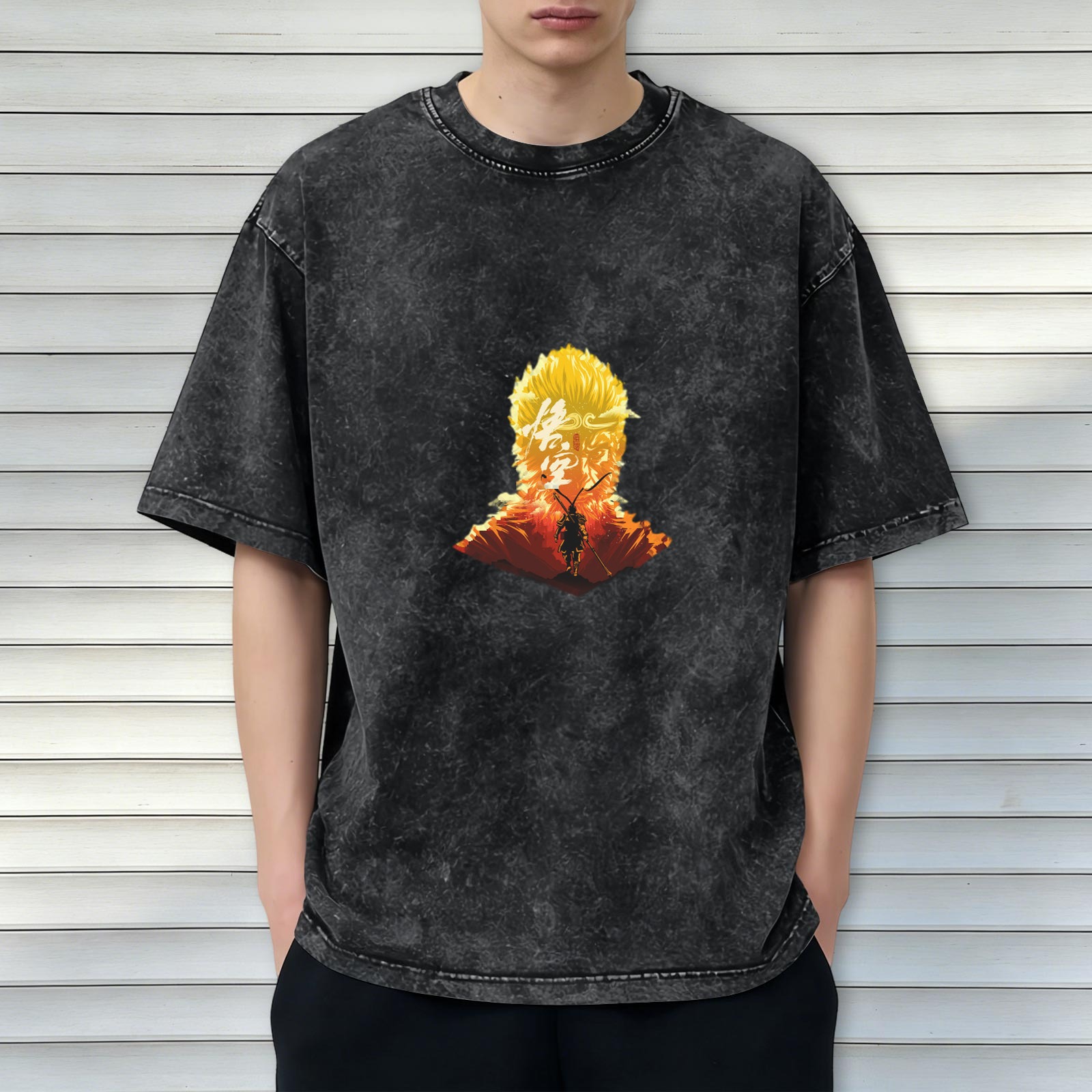 Wukong Graphic Washed Black Short Sleeve T-Shirt