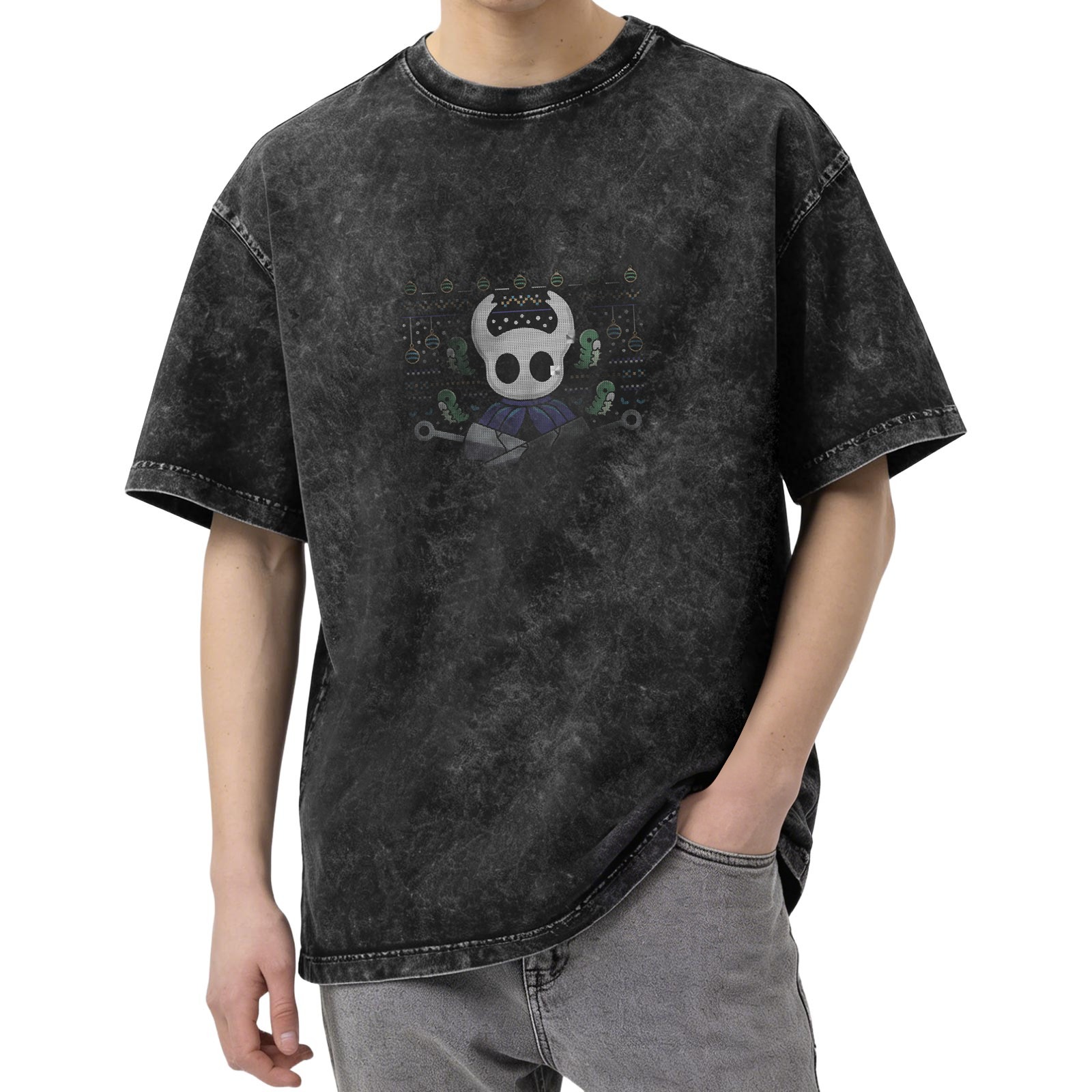 Washed Black T-Shirt with Hollow Knight Themed Print