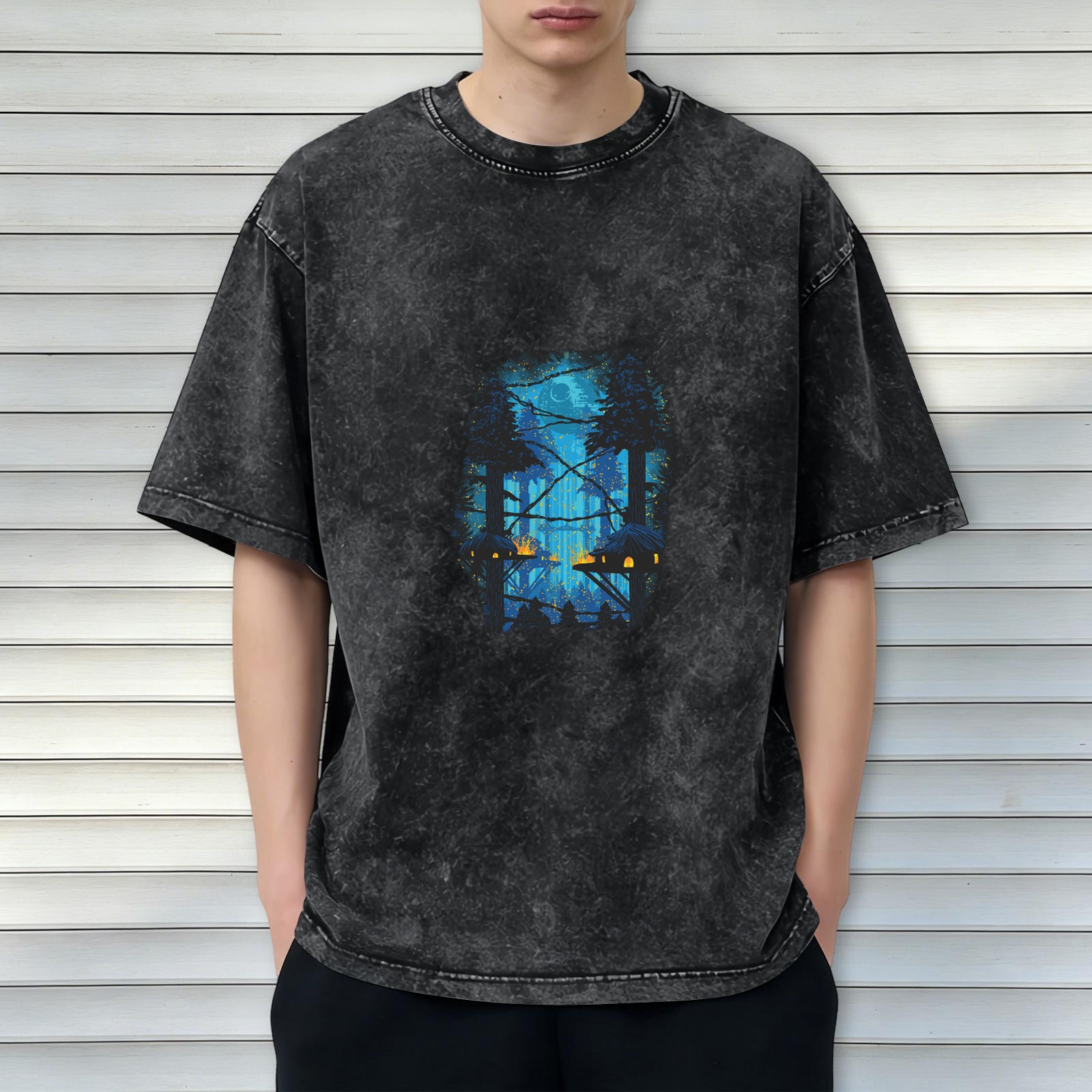 Oversized Acid Wash T-Shirt with Mystical Forest Treehouse Graphic