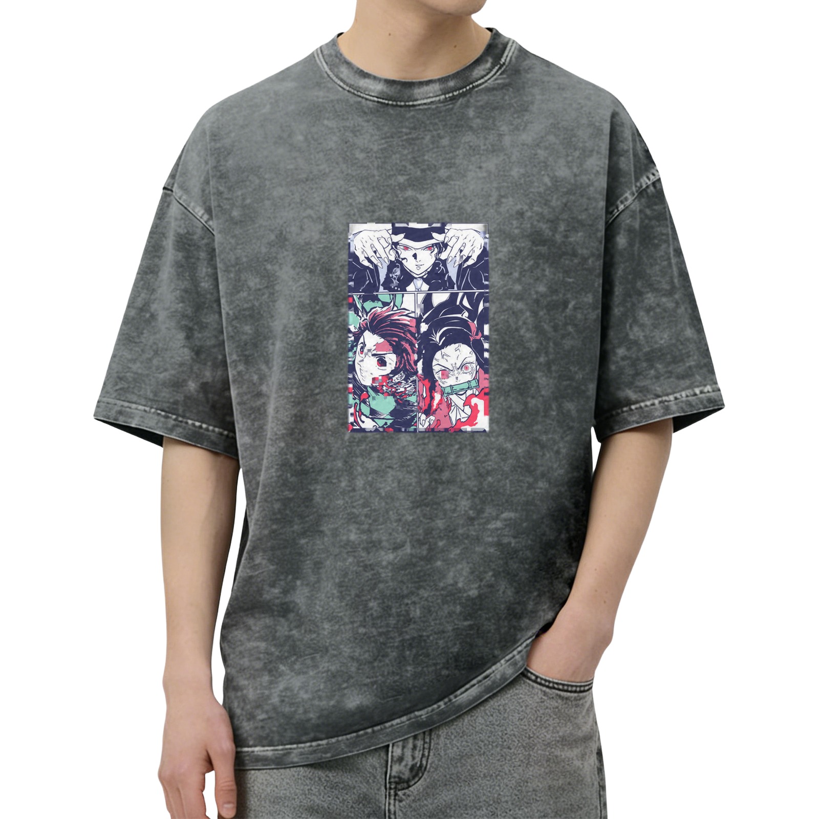 Demon Slayer themed distressed washed black short-sleeved T-shirt
