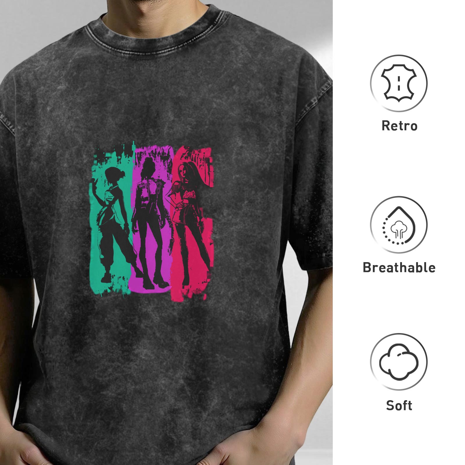 Washed Black T-Shirt with Neon Three Female Silhouette Print