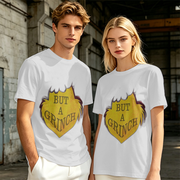 Olive green t-shirt with 'But A Grinch' graphic print