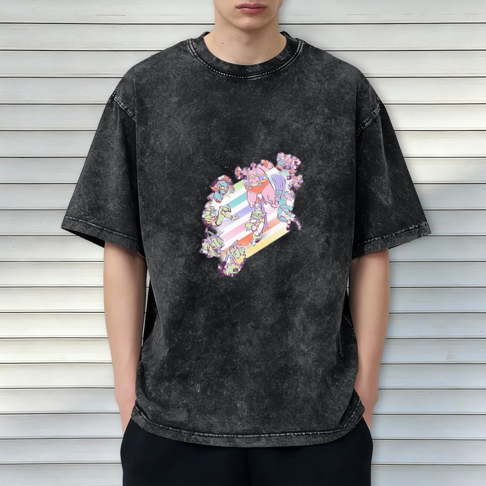 Oversized Acid Wash Graphic T-Shirt with Pastel Anime Characters