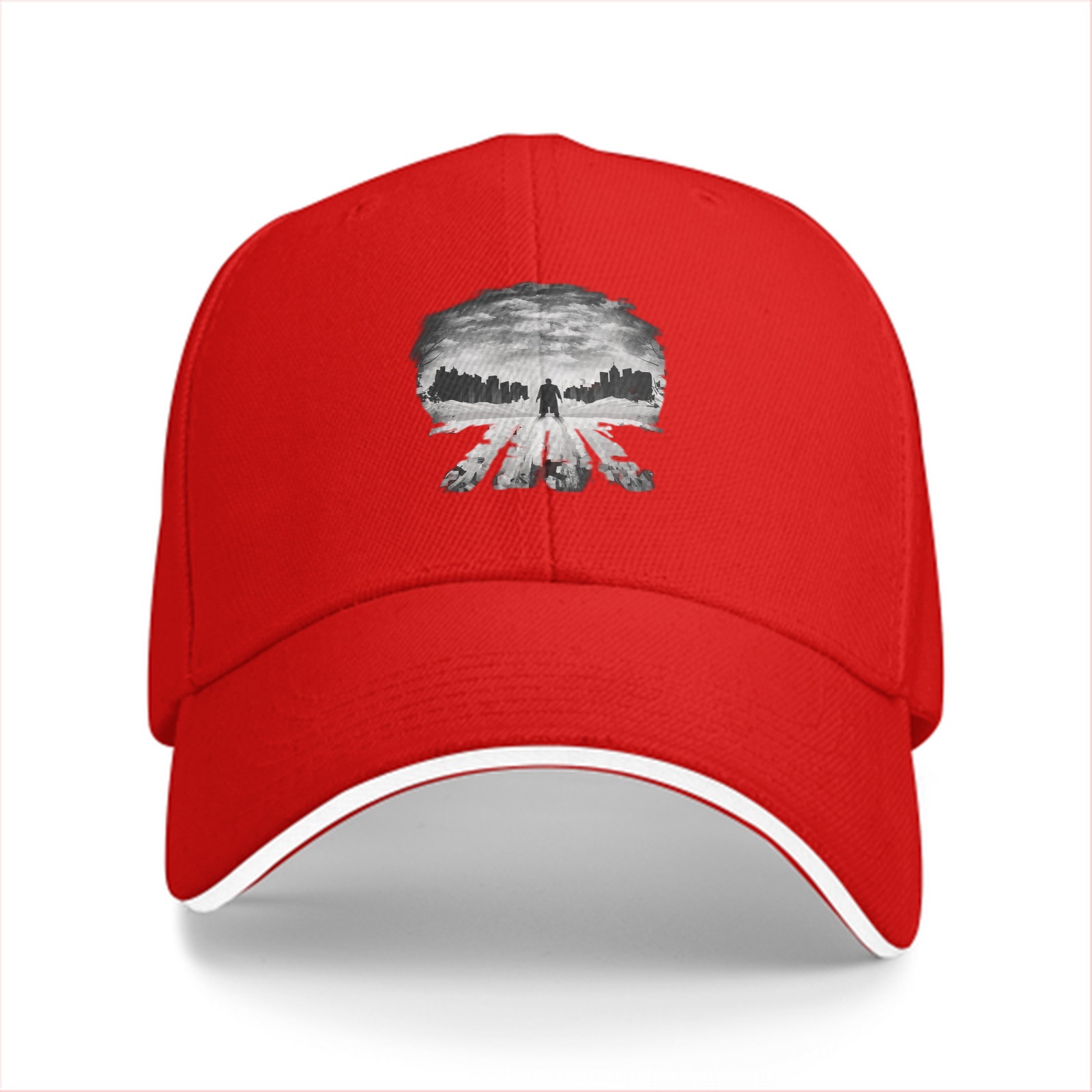 Black baseball cap with Punisher skull cityscape graphic