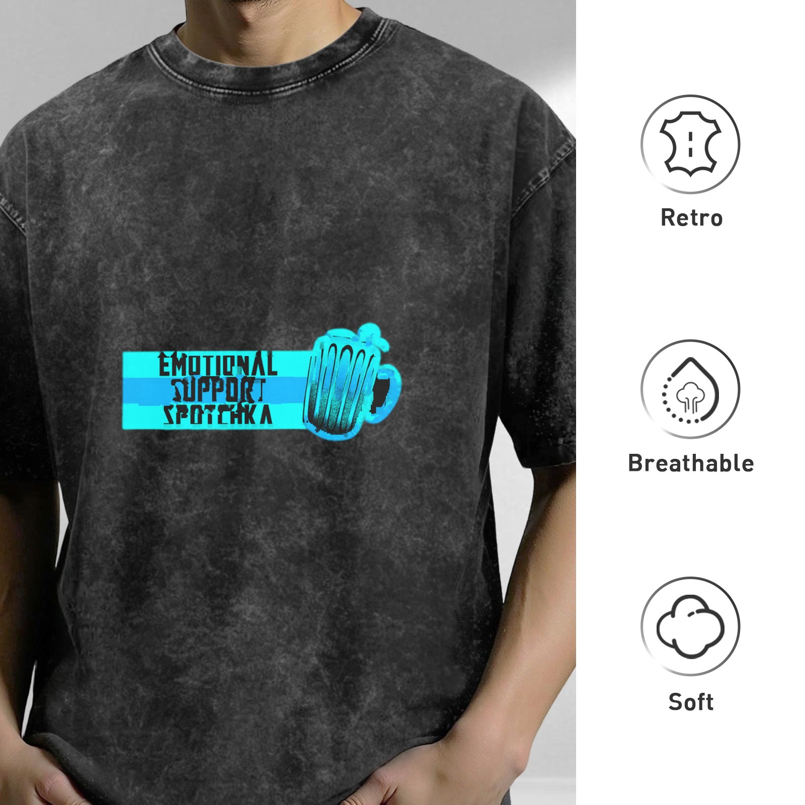Oversized Acid Wash T-Shirt With Emotional Support Spotchka Beer Mug Print