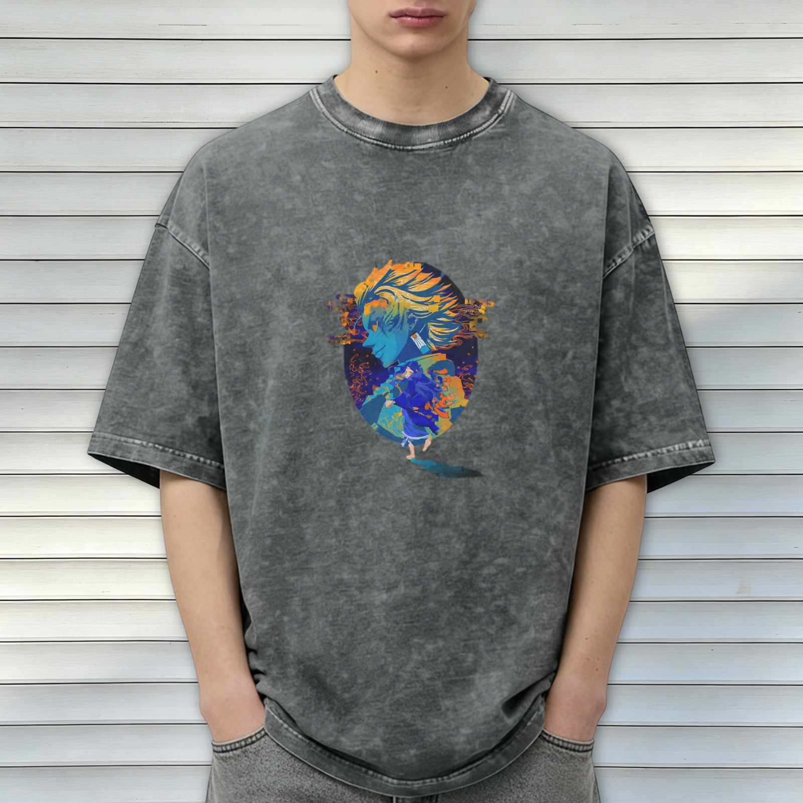 Oversized Acid-Wash Graphic T-Shirt with Anime Character Print