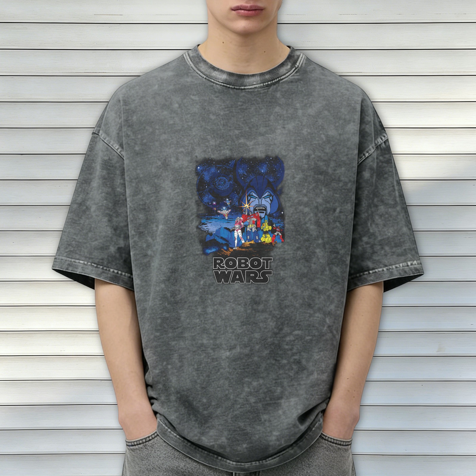 Robot Wars themed distressed washed black loose short-sleeved T-shirt