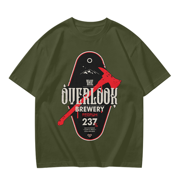 Olive green t-shirt with The Overlook Brewery axe graphic