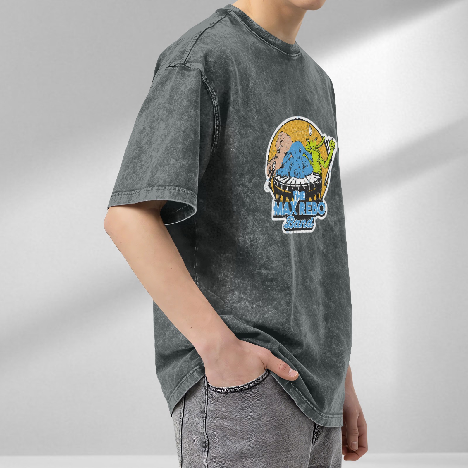 Distressed black short-sleeved T-shirt Star Wars Max Rebo Band band printed top