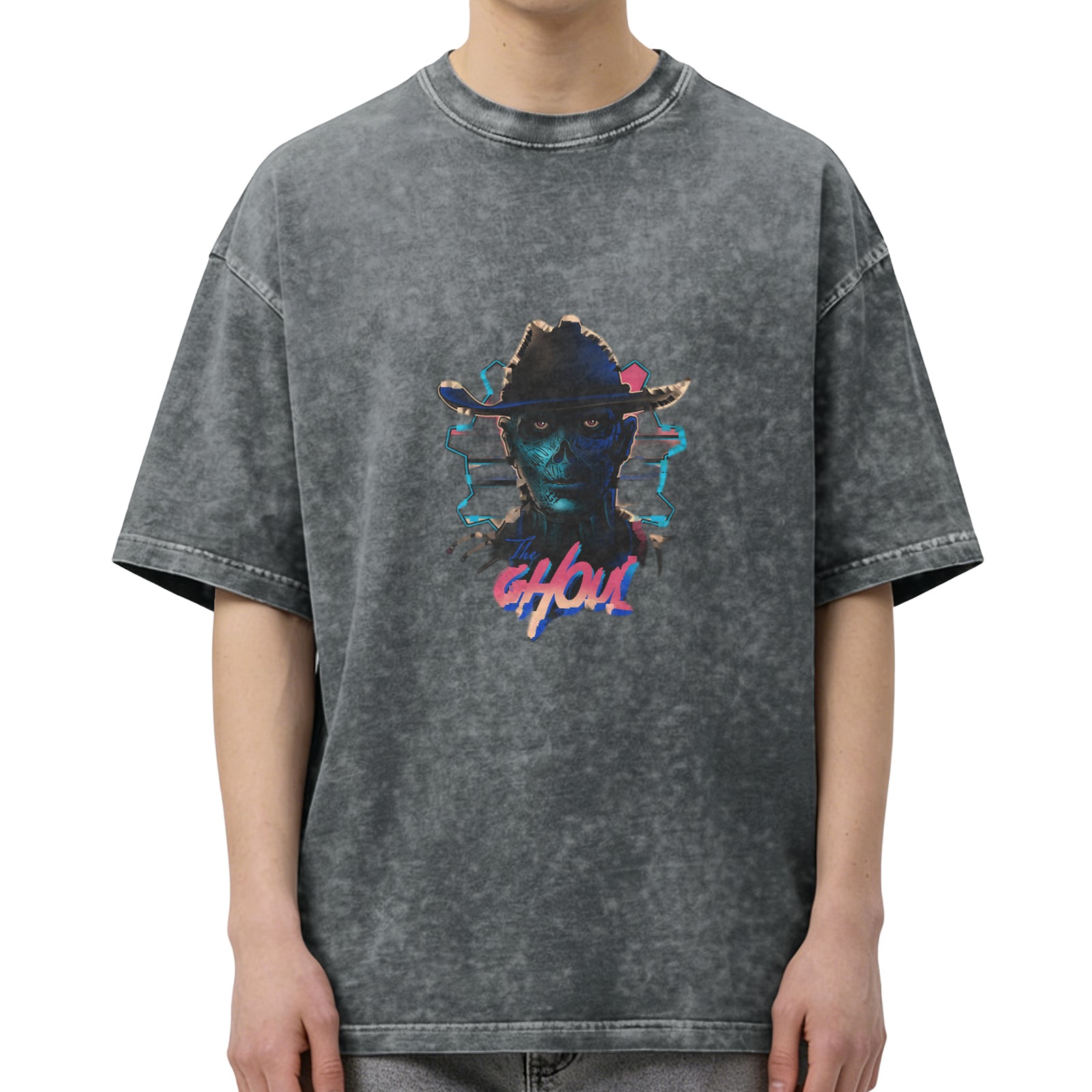 Washed Black T-Shirt with Retro The Ghoul Cowboy Skull Graphic