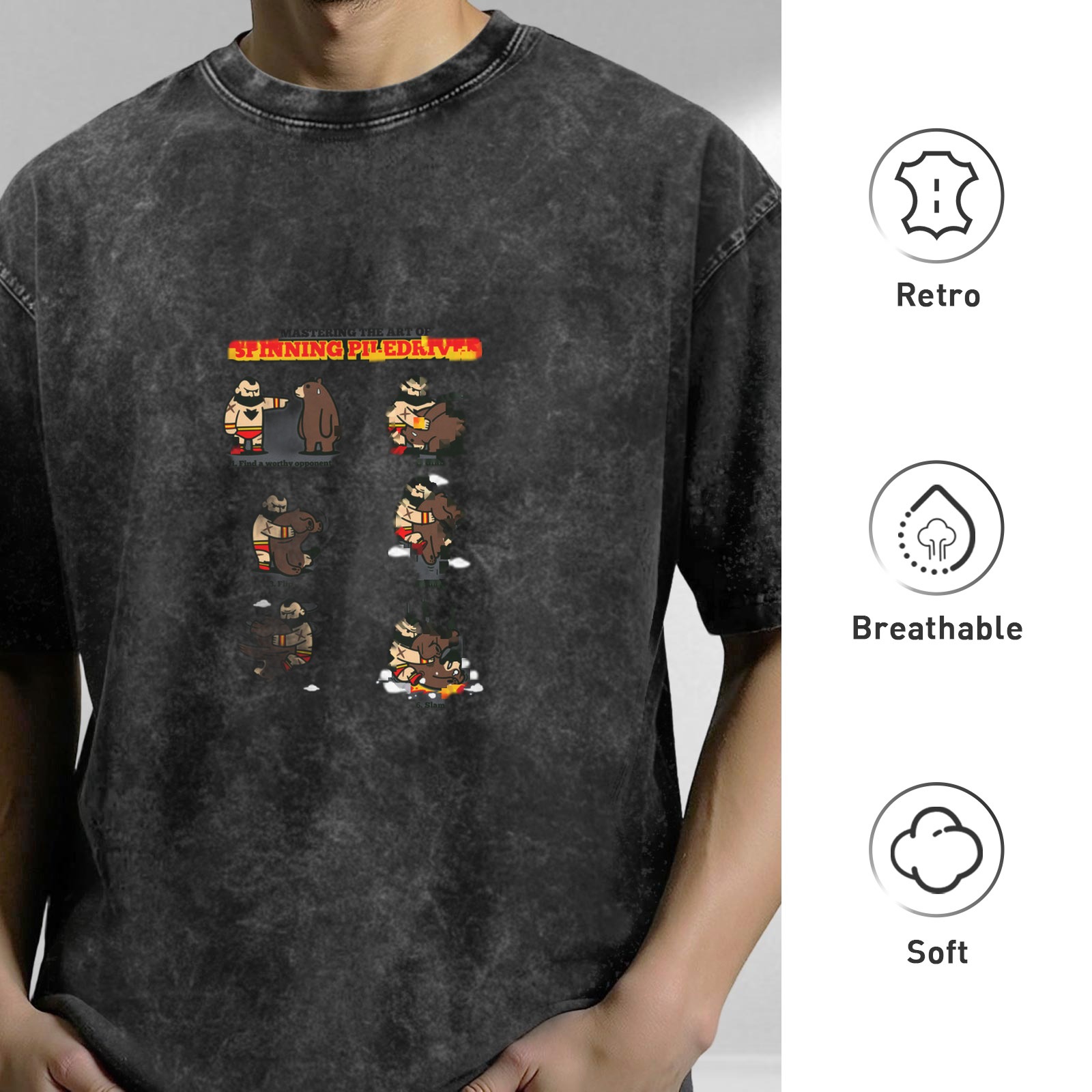 Distressed washed black loose short-sleeved T-shirt Cartoon wrestler storyboard print SPINNING BEAR casual top