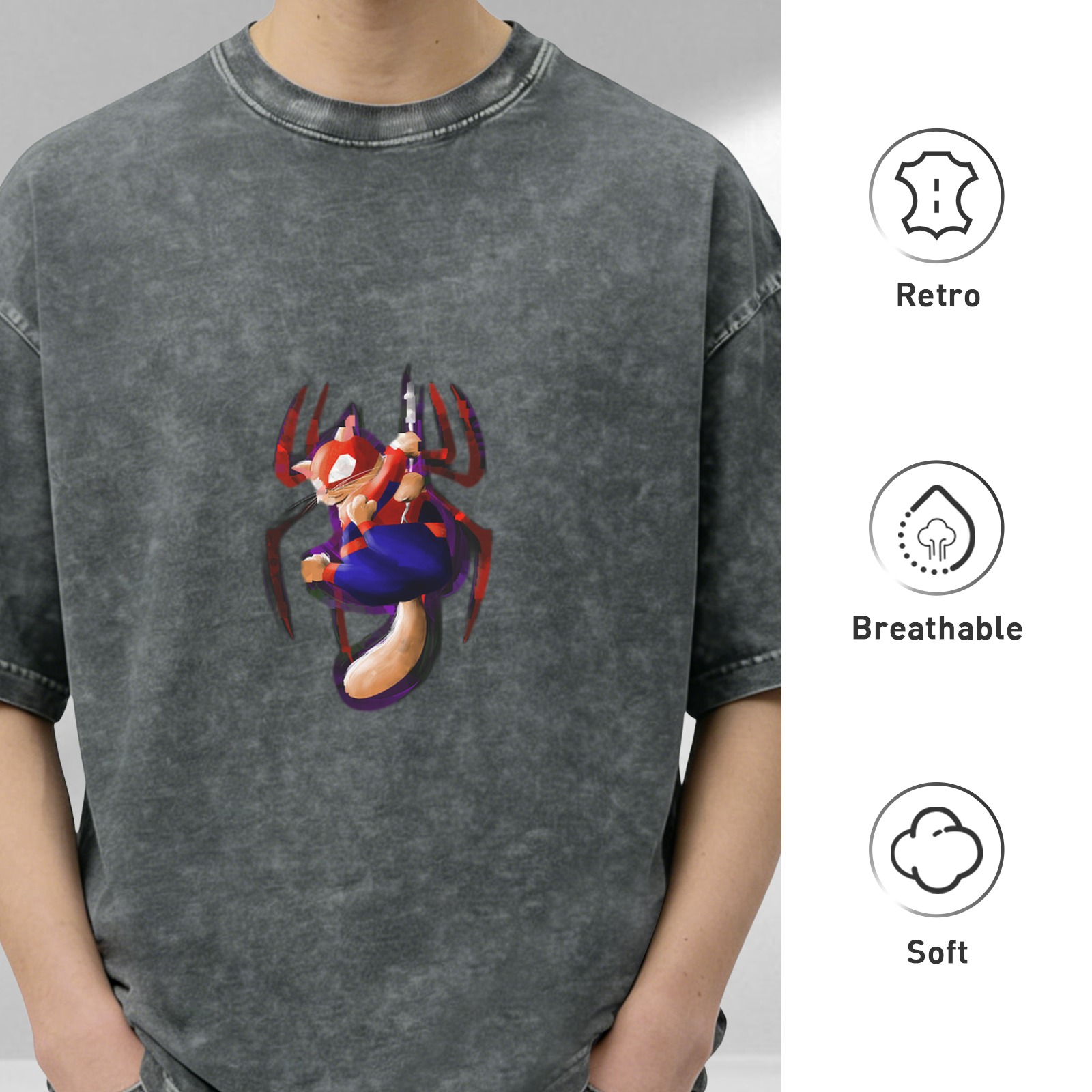 Oversized Acid Wash T-Shirt With Spider Cat Graphic Print