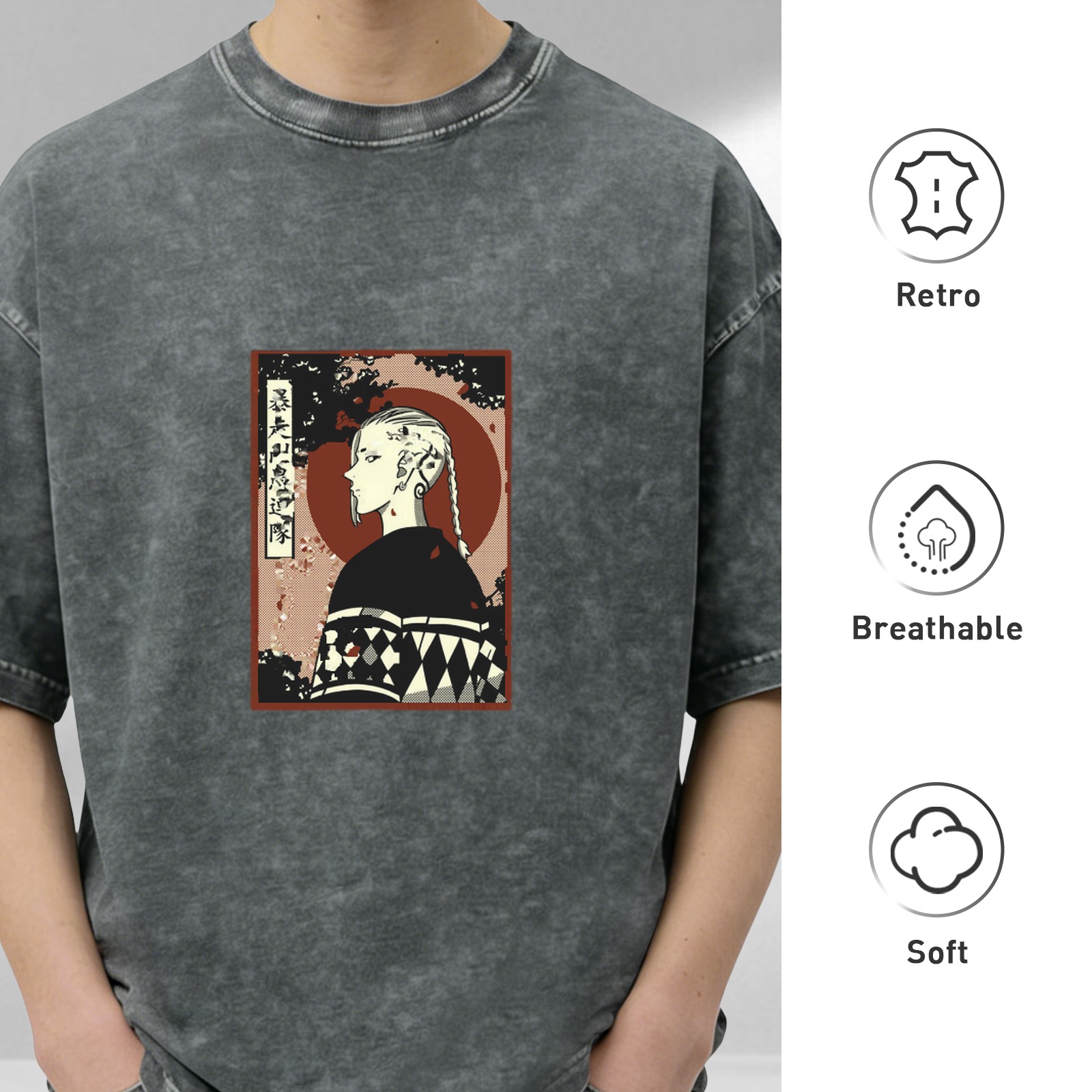 Retro washed black anime character printed short-sleeved T-shirt Street style loose shoulder top