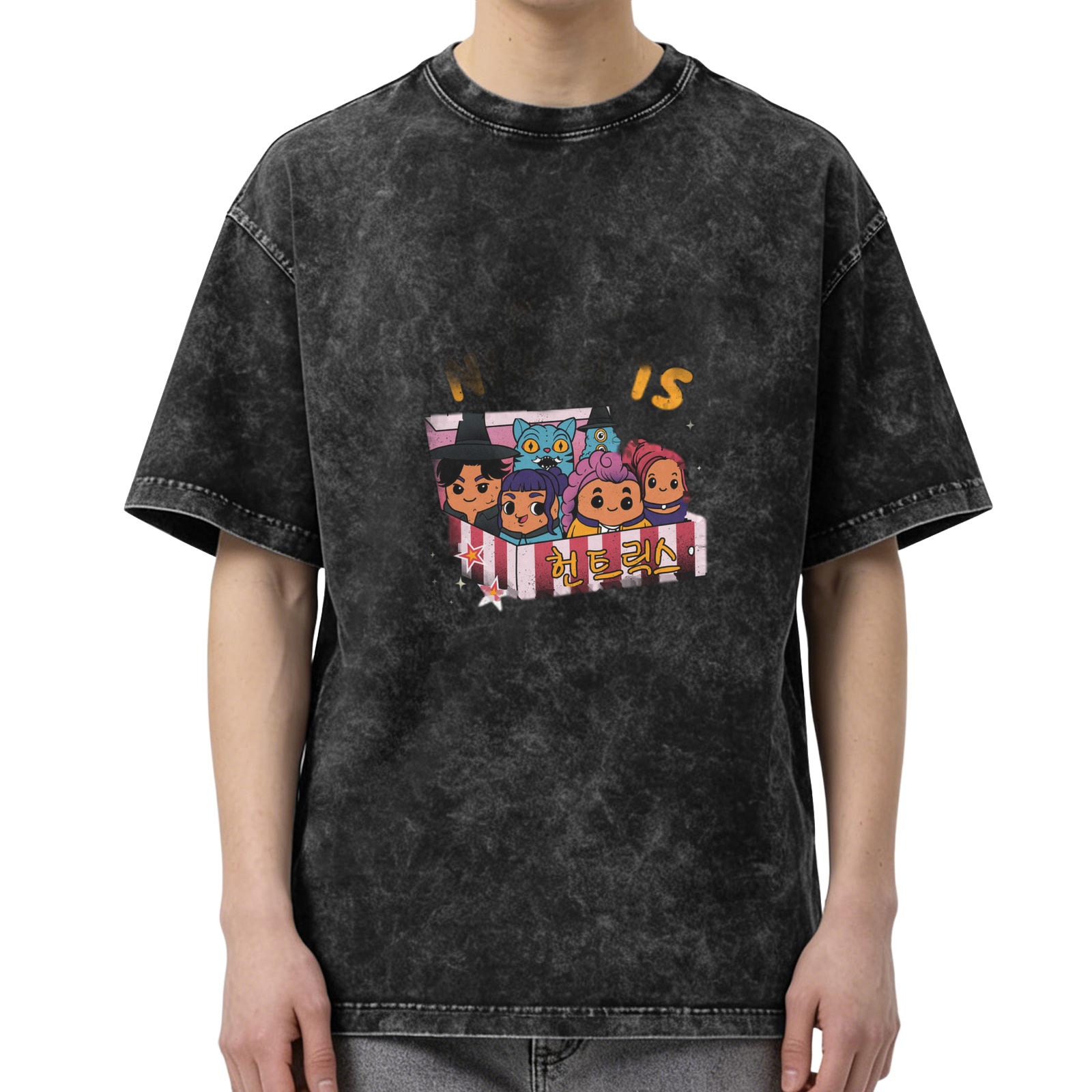 Oversized Black Acid Wash T-Shirt With Cute Cartoon Character Graphic