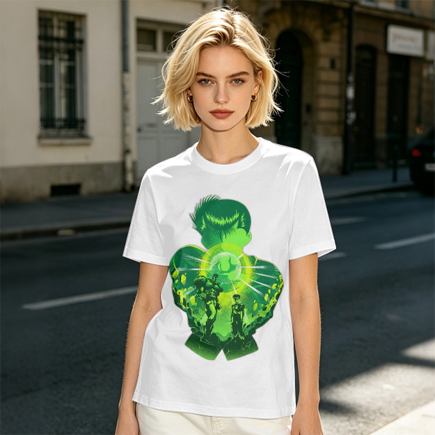 Anime Character Silhouette Glowing Green Graphic T-Shirt