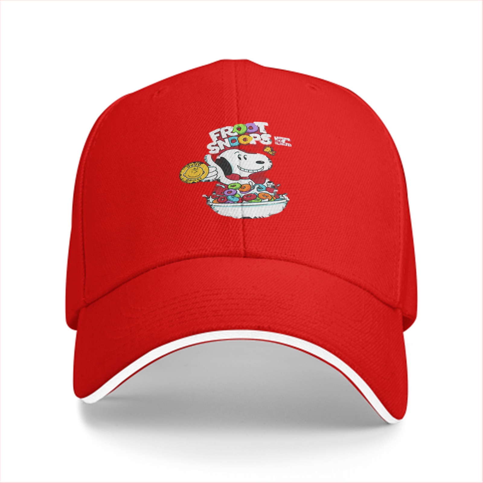 Black baseball cap with Froot Snoops Snoopy cereal graphic