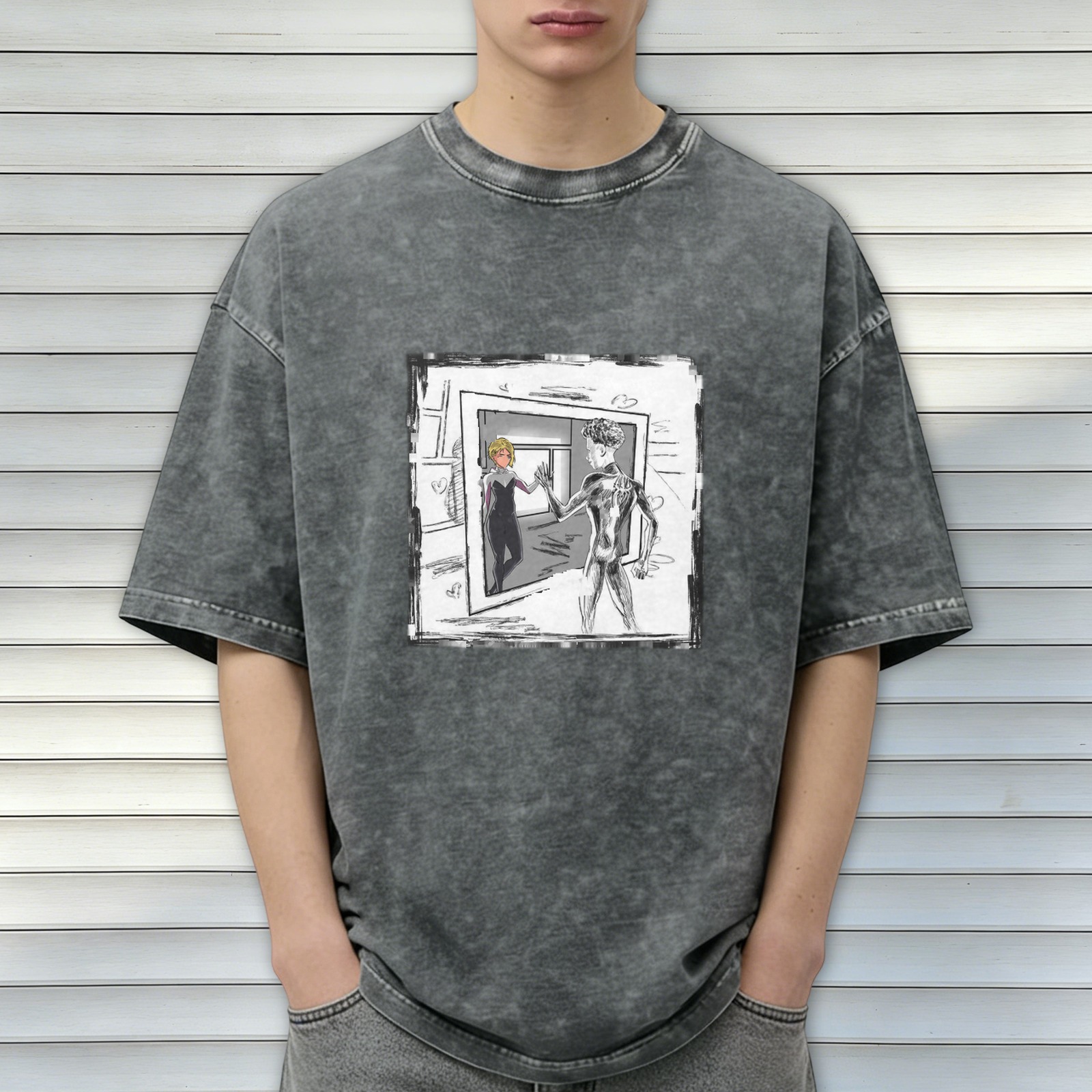 Oversized Stonewashed T-Shirt With Spider Gwen And Miles Art Print