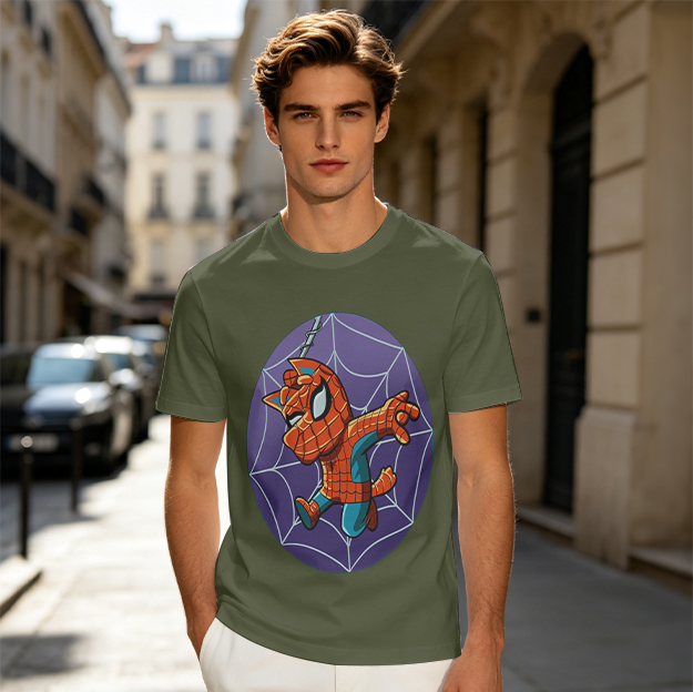 Olive T-Shirt with Cute Spider-Cat Web Print