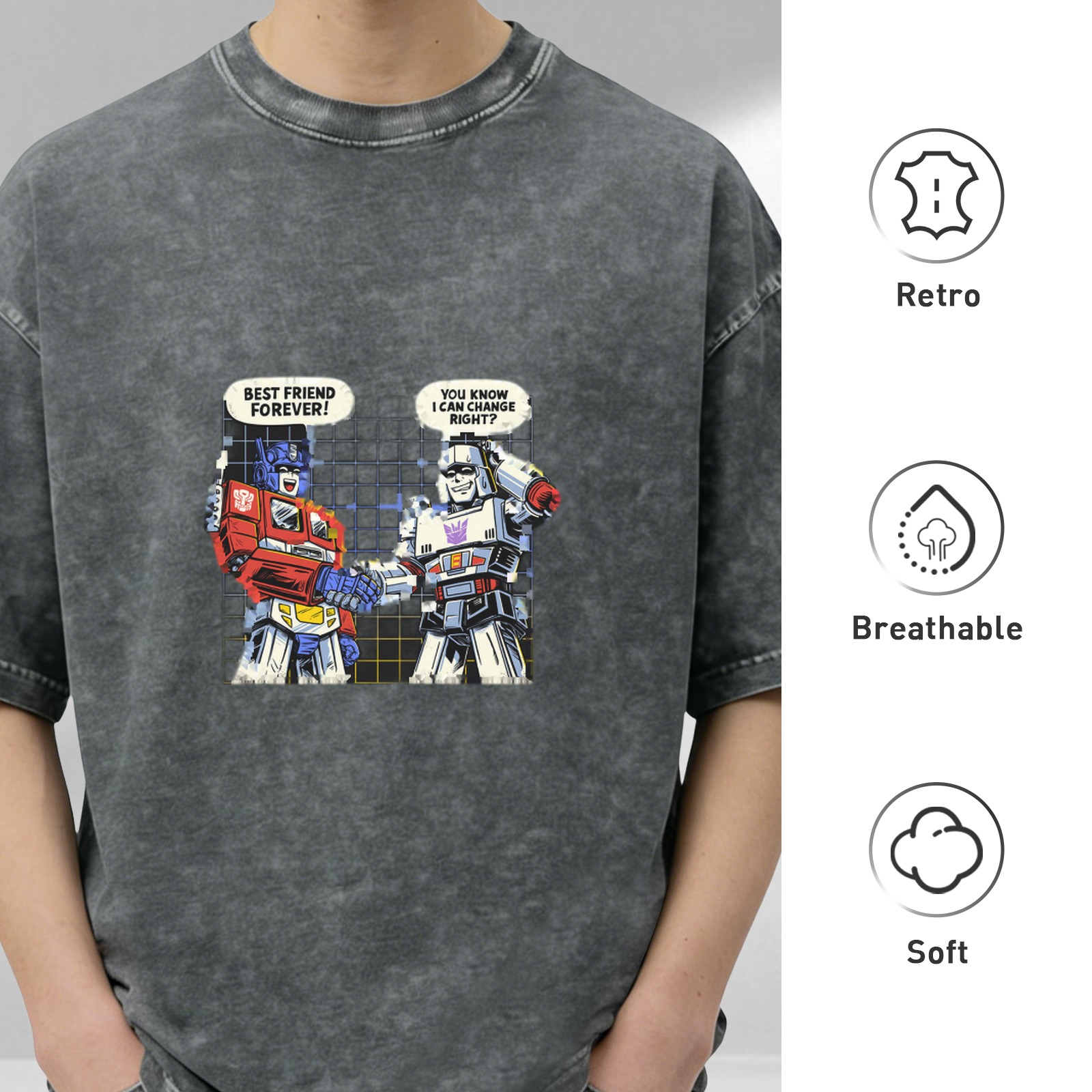 Washed graphic tee with Transformers best friends forever joke print
