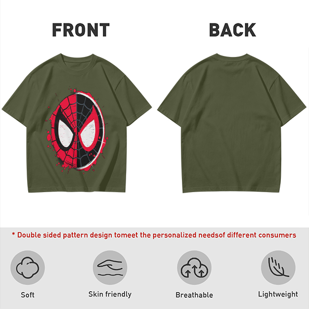 Olive T-Shirt with Split Spider-Man Mask Graphic
