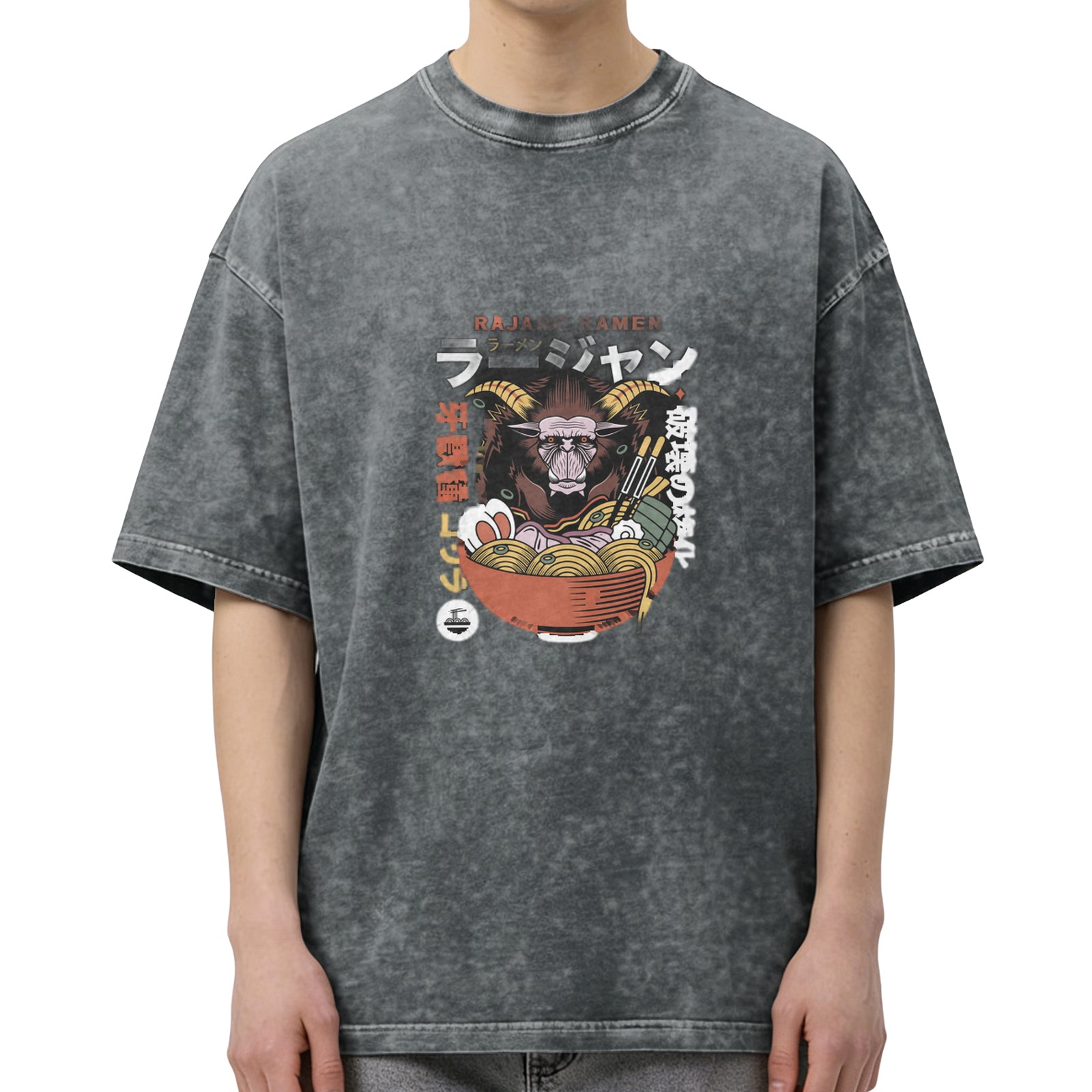 Oversized Acid Wash T-Shirt With Monster Ramen Graphic Print
