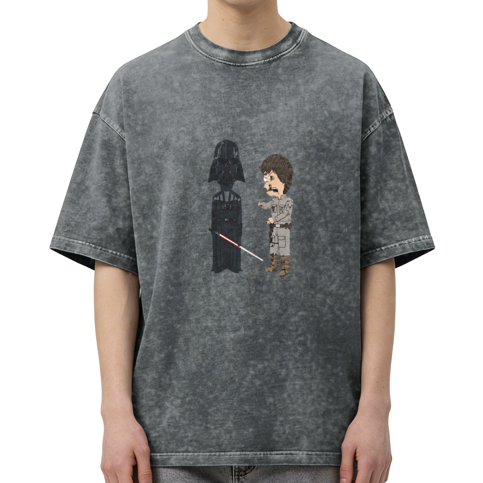 Washed Black T-Shirt with Cartoon Star Wars Darth Vader and Luke Design