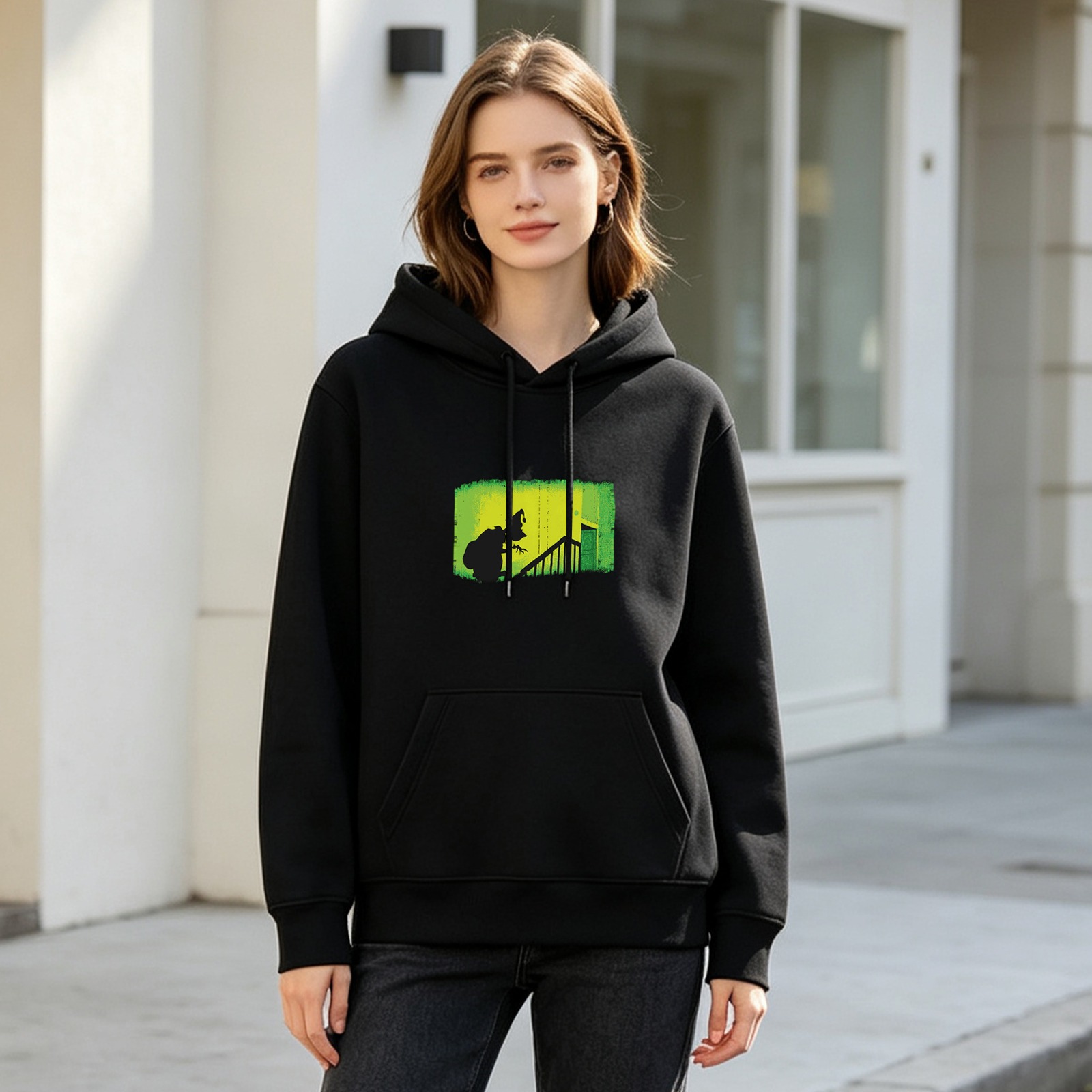 Black hoodie with eerie silhouette stairway graphic print