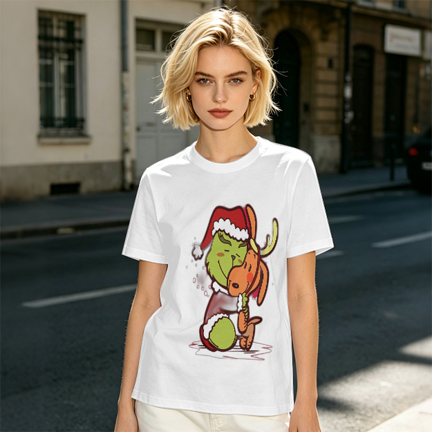 Olive Christmas T-Shirt Featuring Grinch Hugging Max The Reindeer