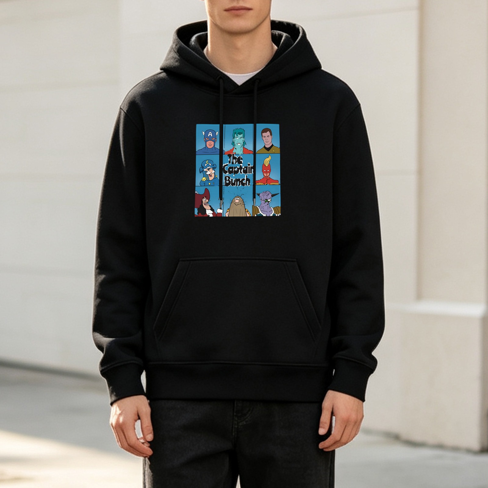 Black Hoodie With The Captain Bunch Superhero Character Print