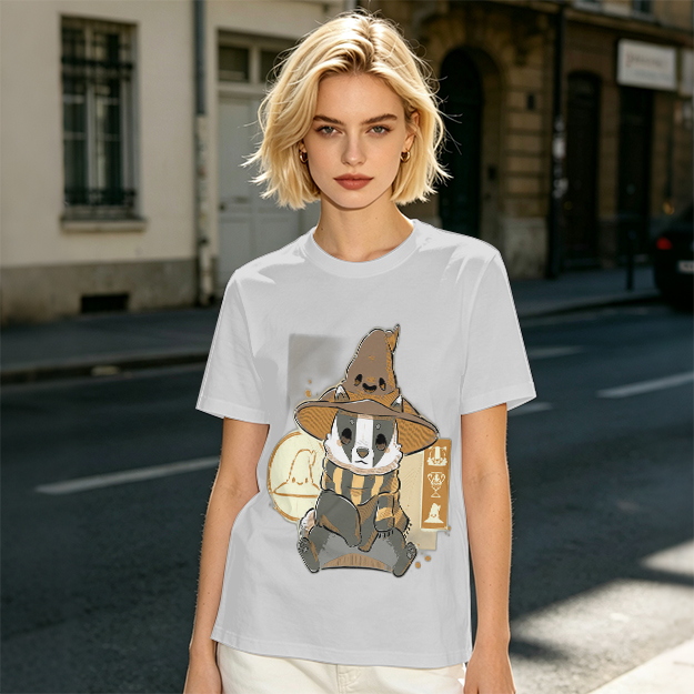 Olive T-Shirt With Cute Wizard Badger Graphic Print