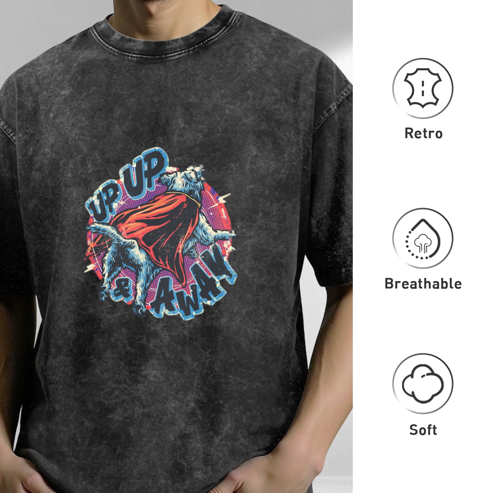 Washed Black T-Shirt With Superhero Dog 'Up Up & Away' Graphic