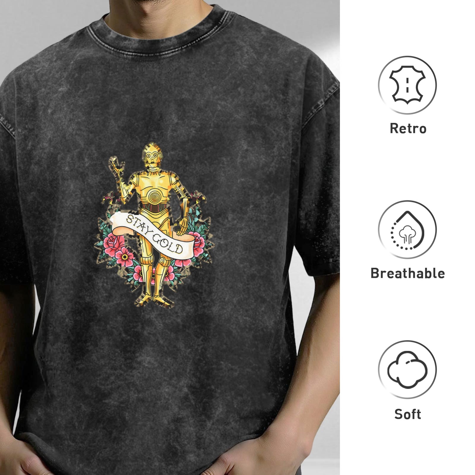 Washed Black T-Shirt with C-3PO Stay Gold Floral Print