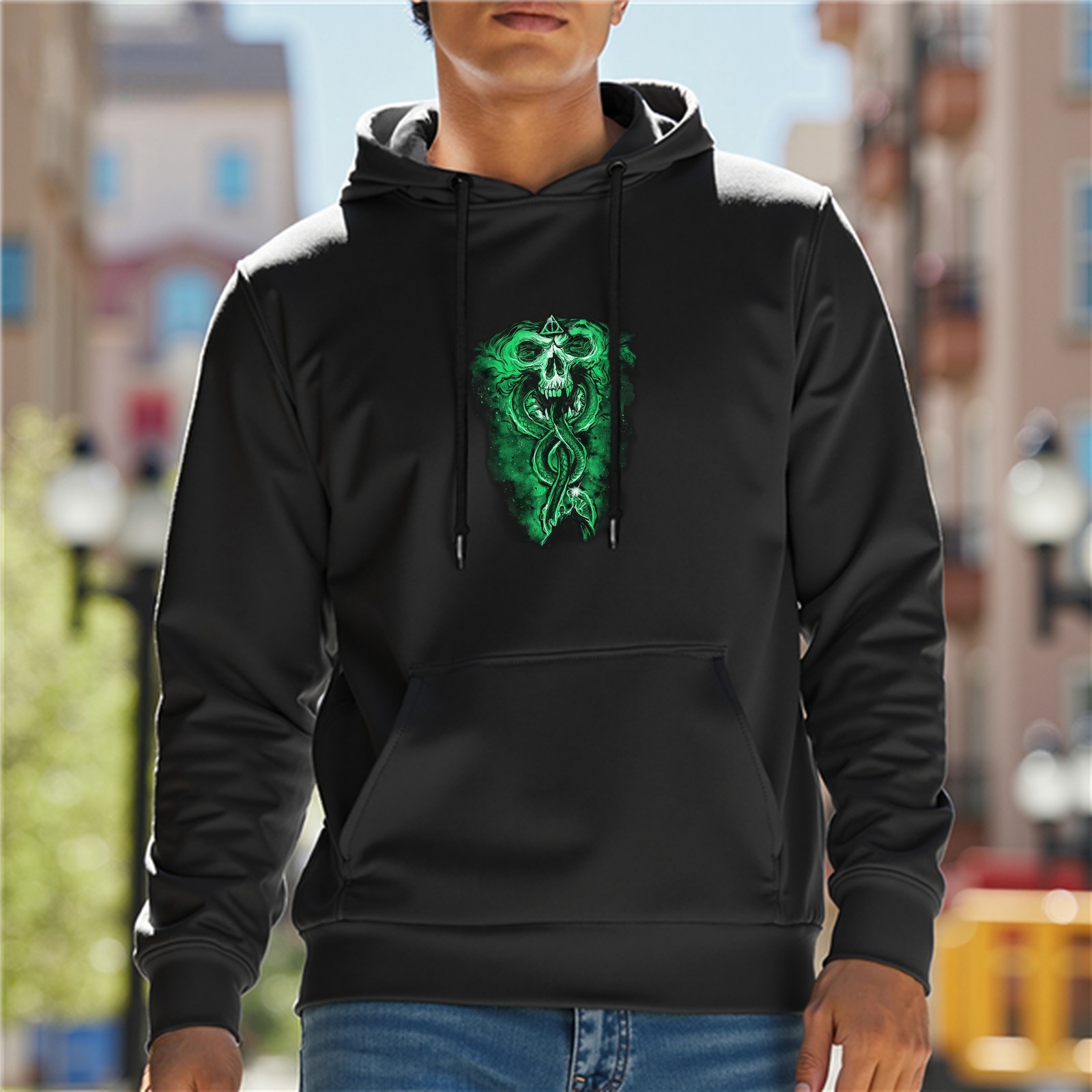 Black Hoodie With Green Skull Snake Graphic Print