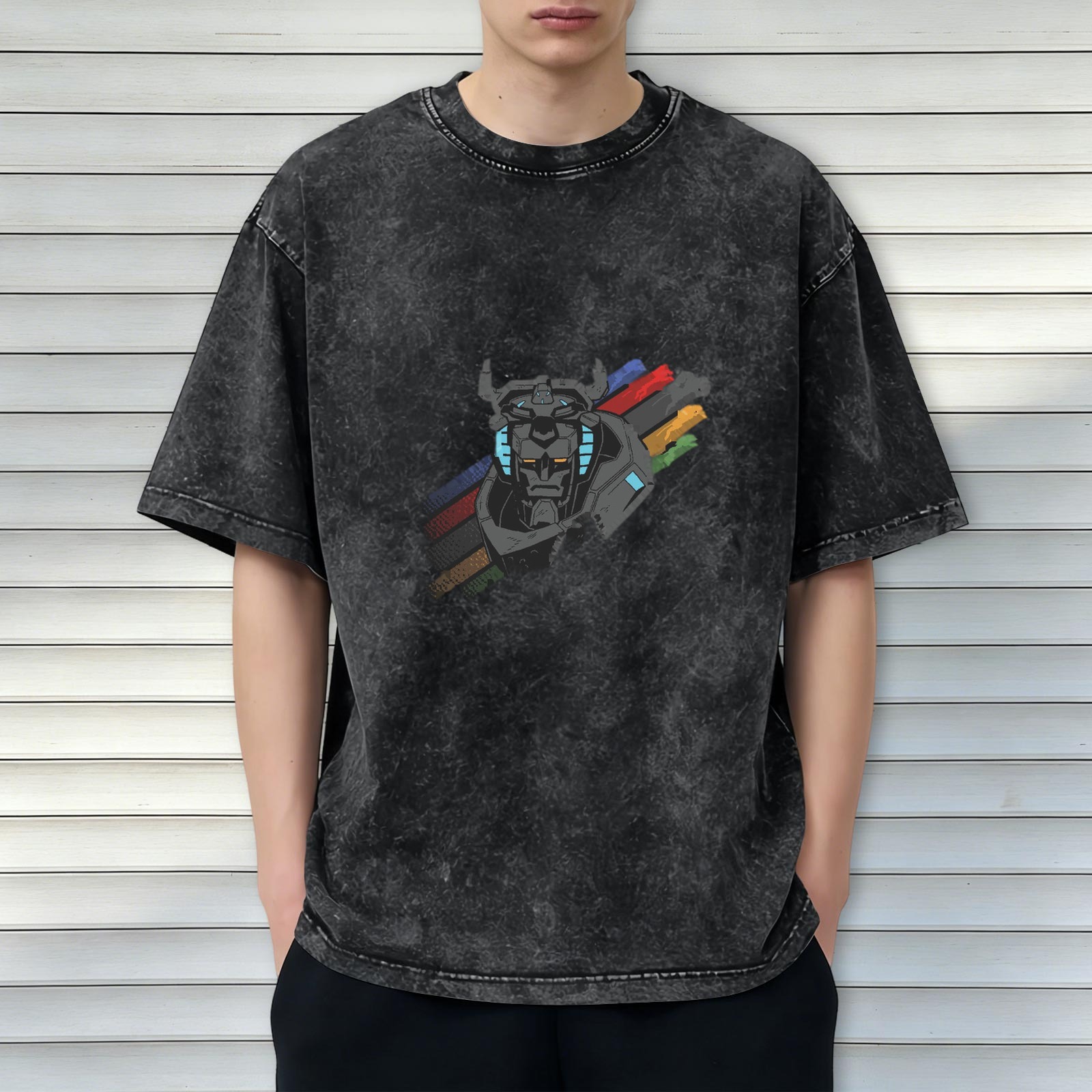 Distressed black loose short-sleeved T-shirt Voltron mecha print