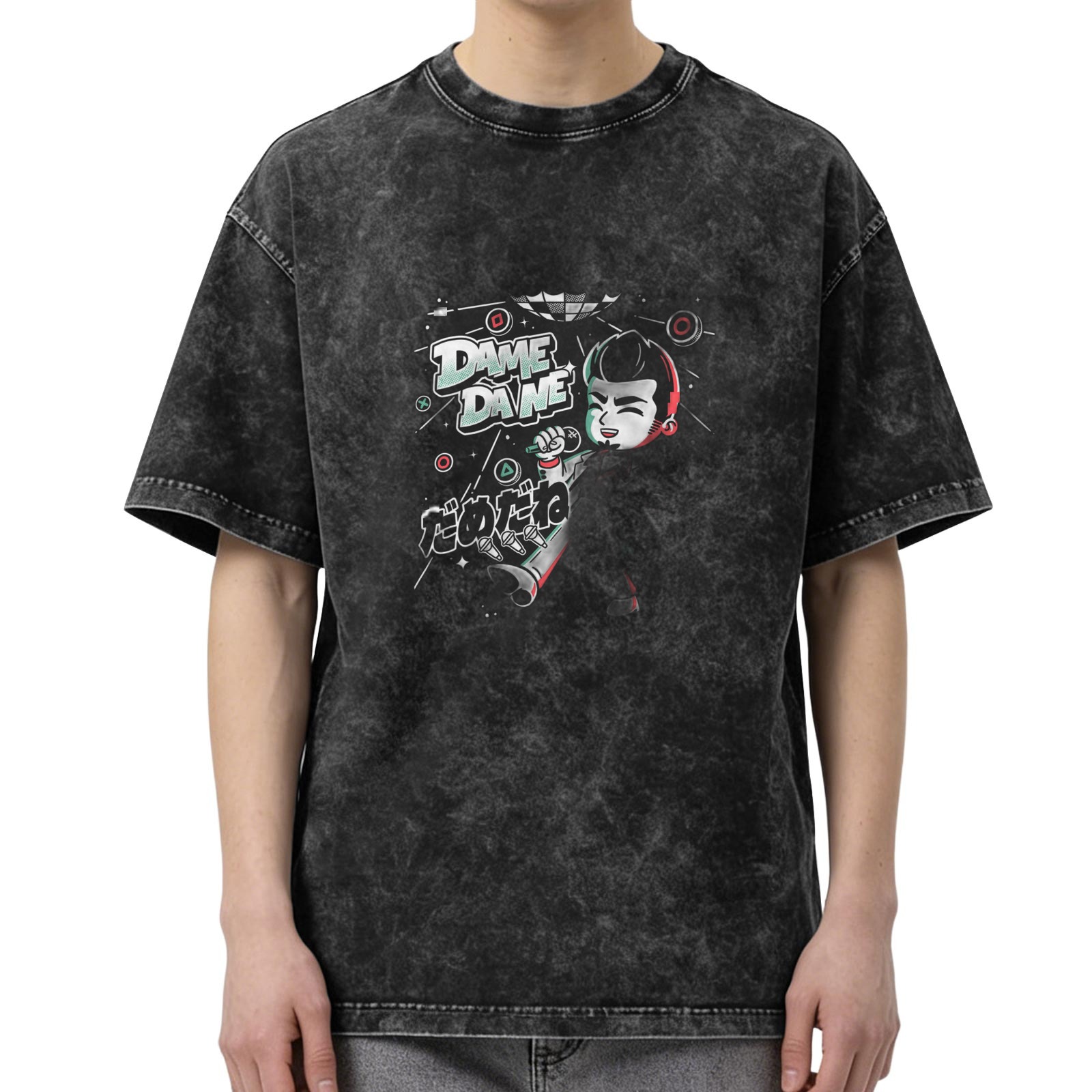 Washed black graphic t-shirt with Dame Dane anime-style print