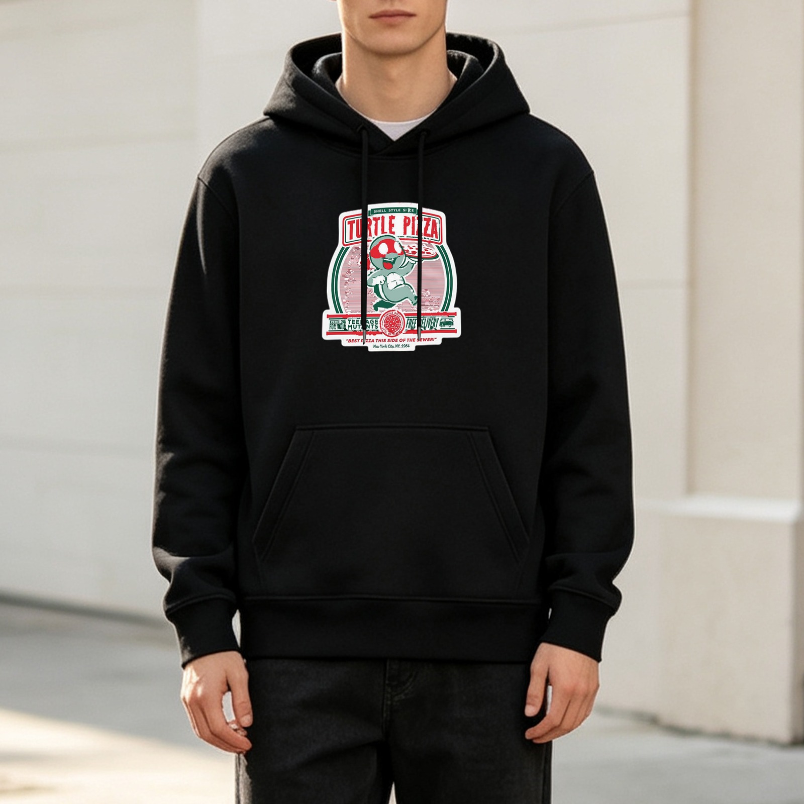 Black hoodie with Turtle Pizza graphic print