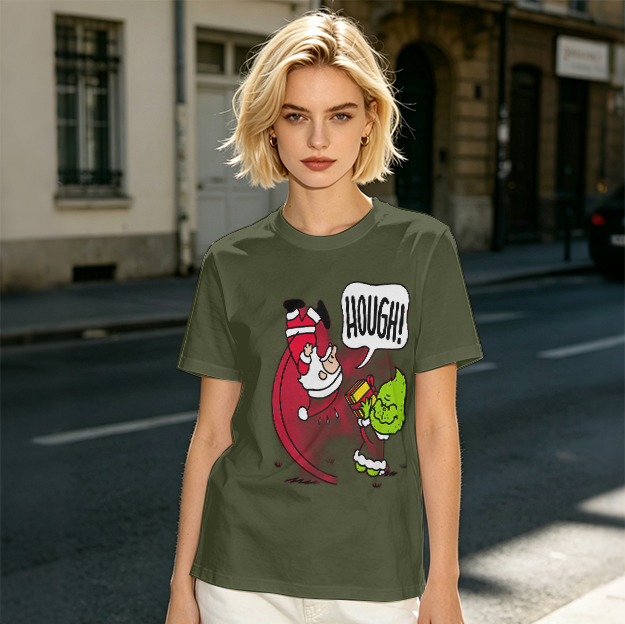 Olive Christmas T-Shirt With Grinch Lifting Santa Claus Print