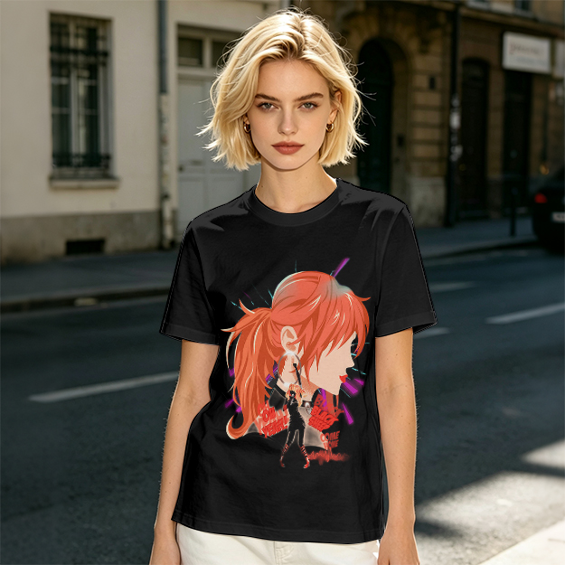 Olive T-Shirt with Anime Red-Haired Girl Profile Art Print