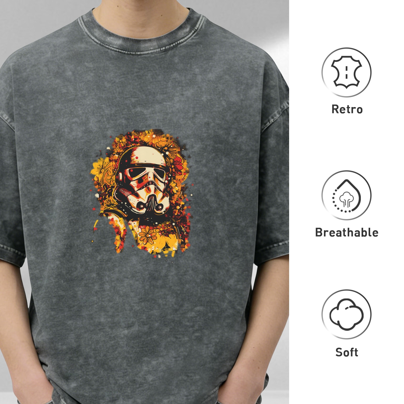 Washed Black T-Shirt with Floral Stormtrooper Graphic