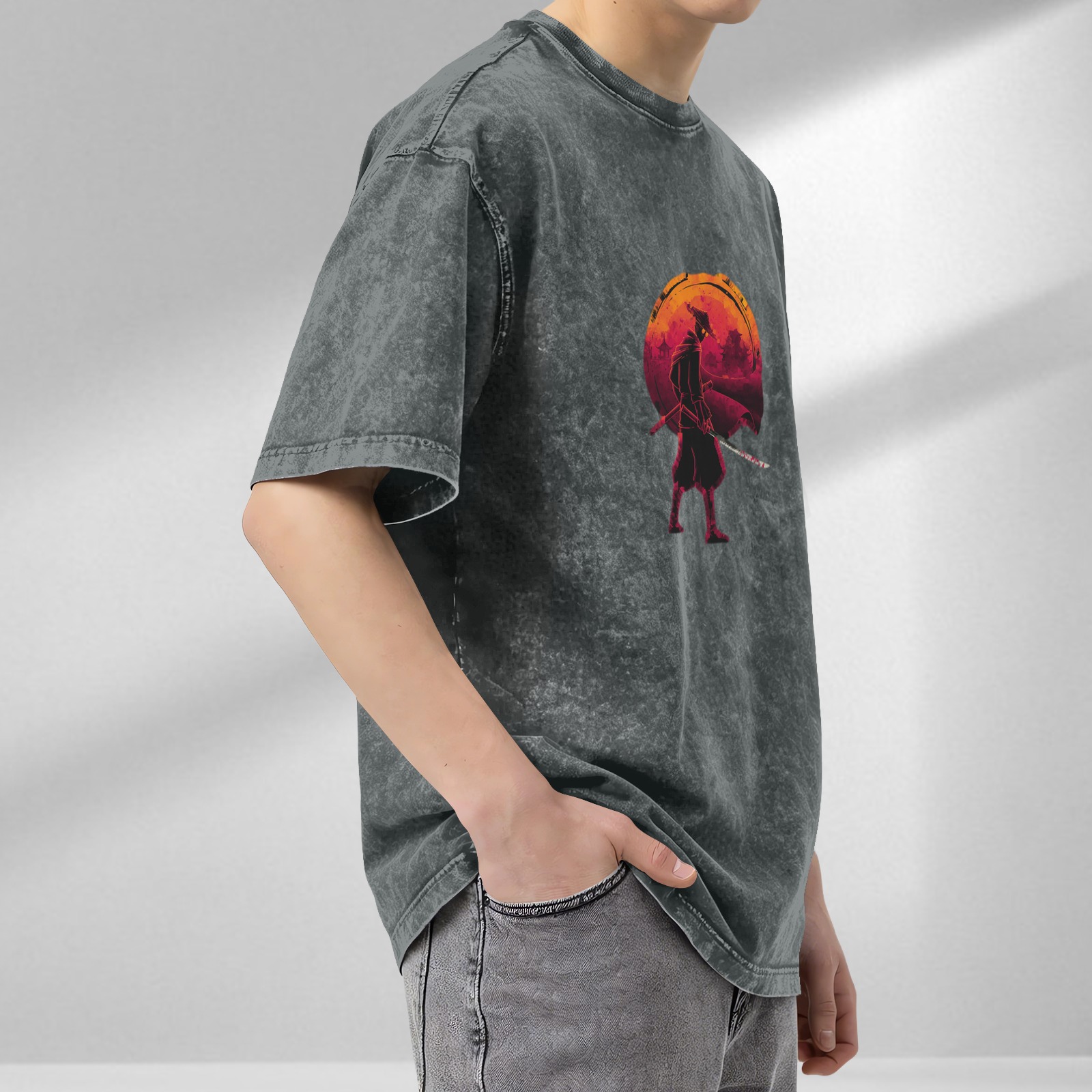 Oversized Acid Wash T-Shirt With Samurai Silhouette Sunset Print