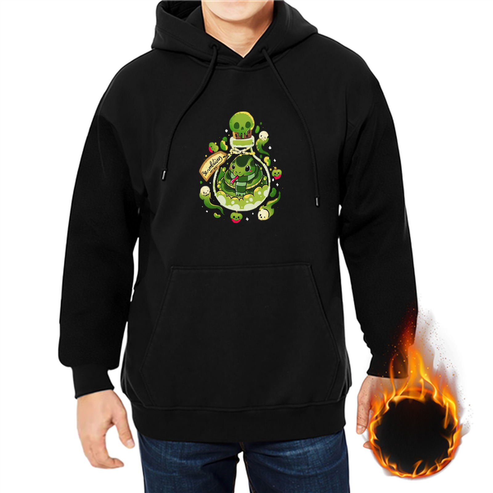 Black hoodie with cute green potion flask and snake graphic